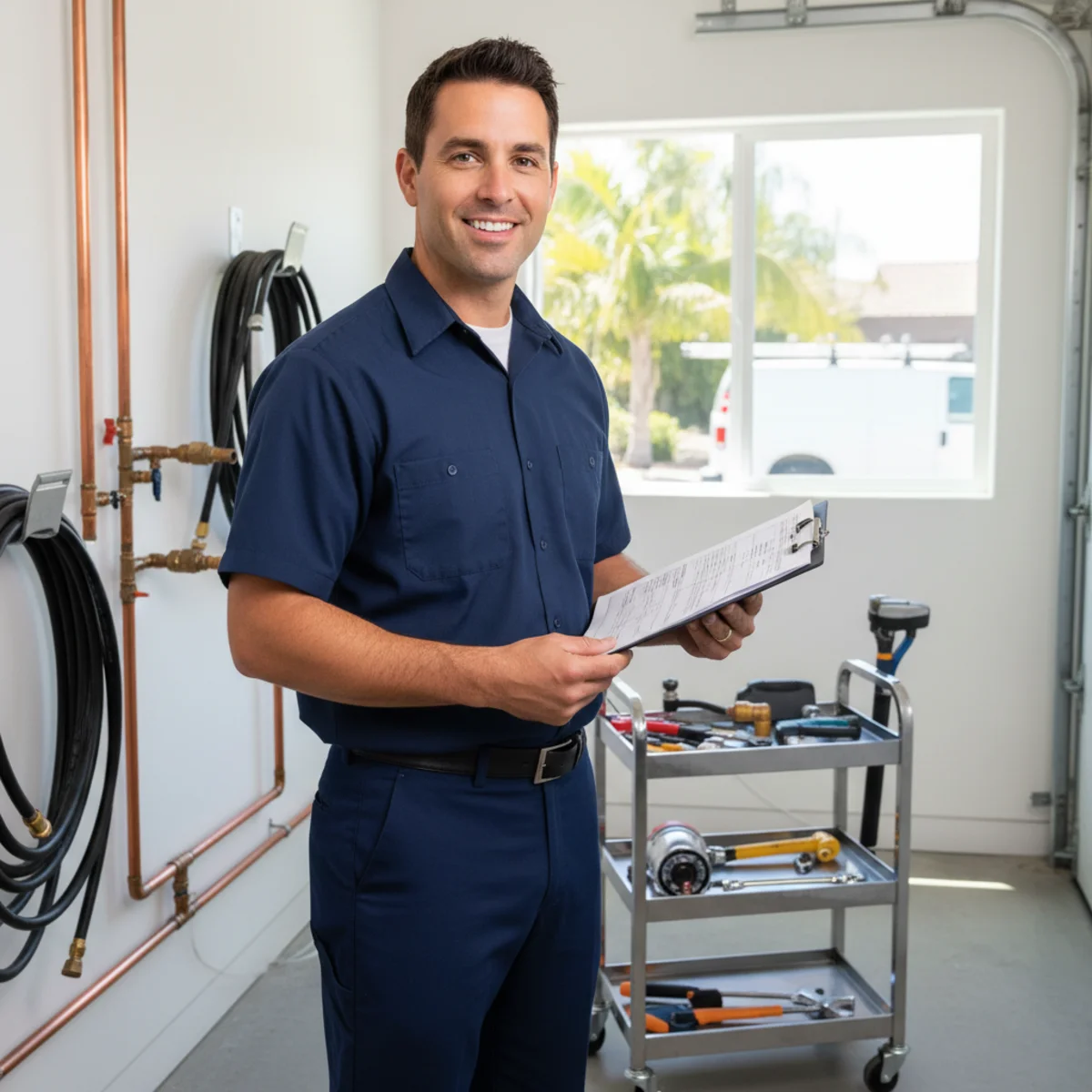 Plumber performing an annual home plumbing inspection in Hemet