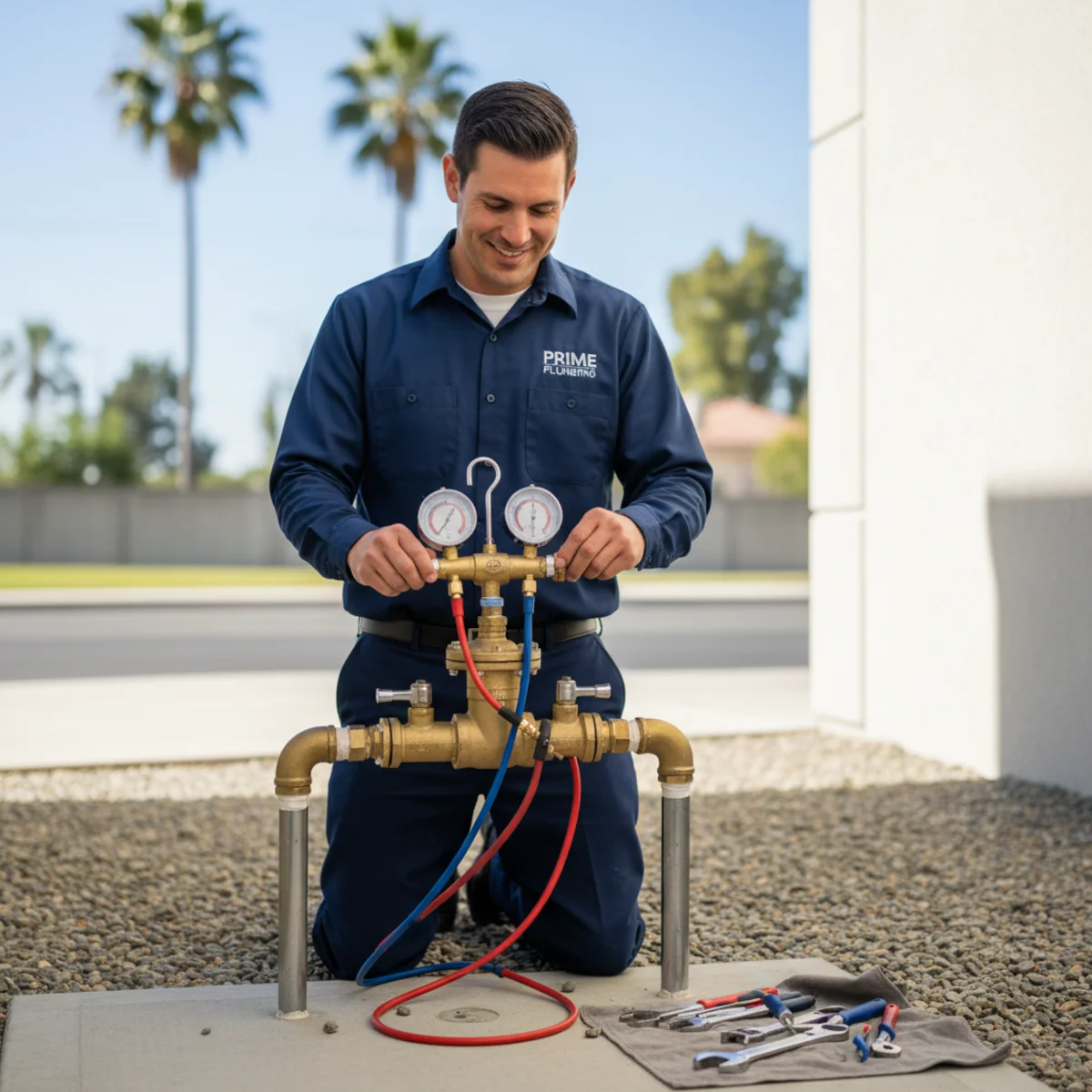 Plumber testing a backflow preventer assembly