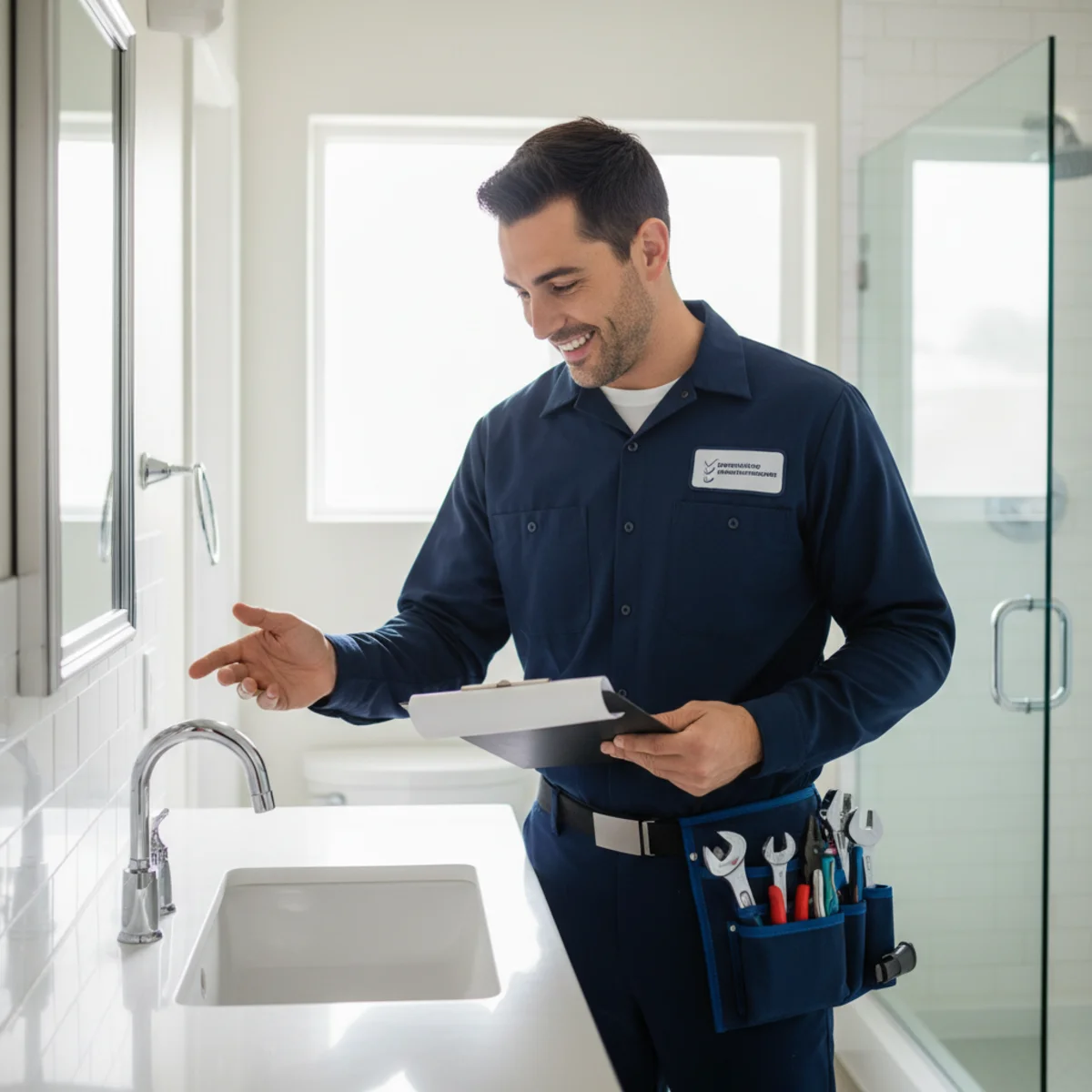 Plumber checking bathroom plumbing in a clean Hemet home