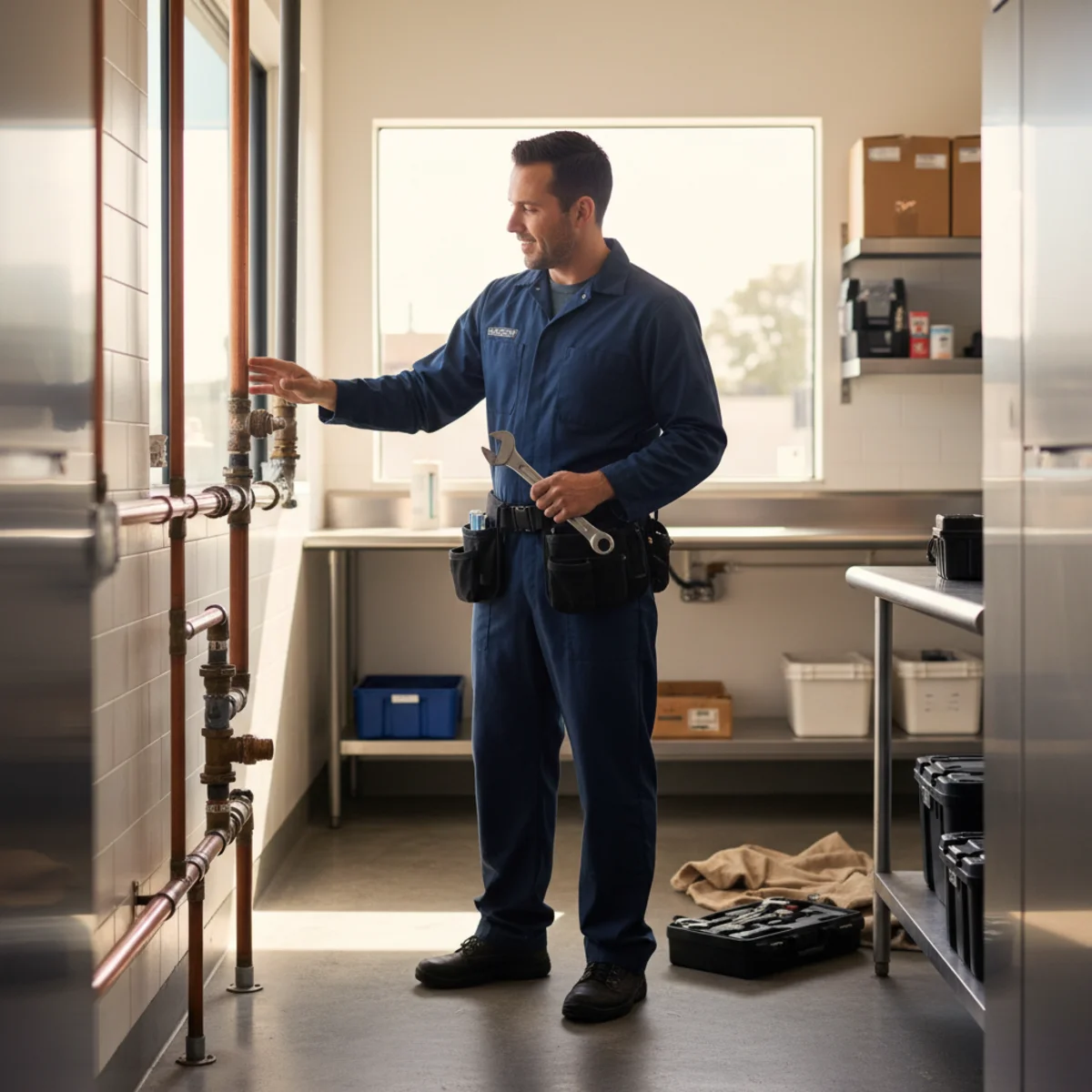 Plumber maintaining commercial plumbing at a Hemet business