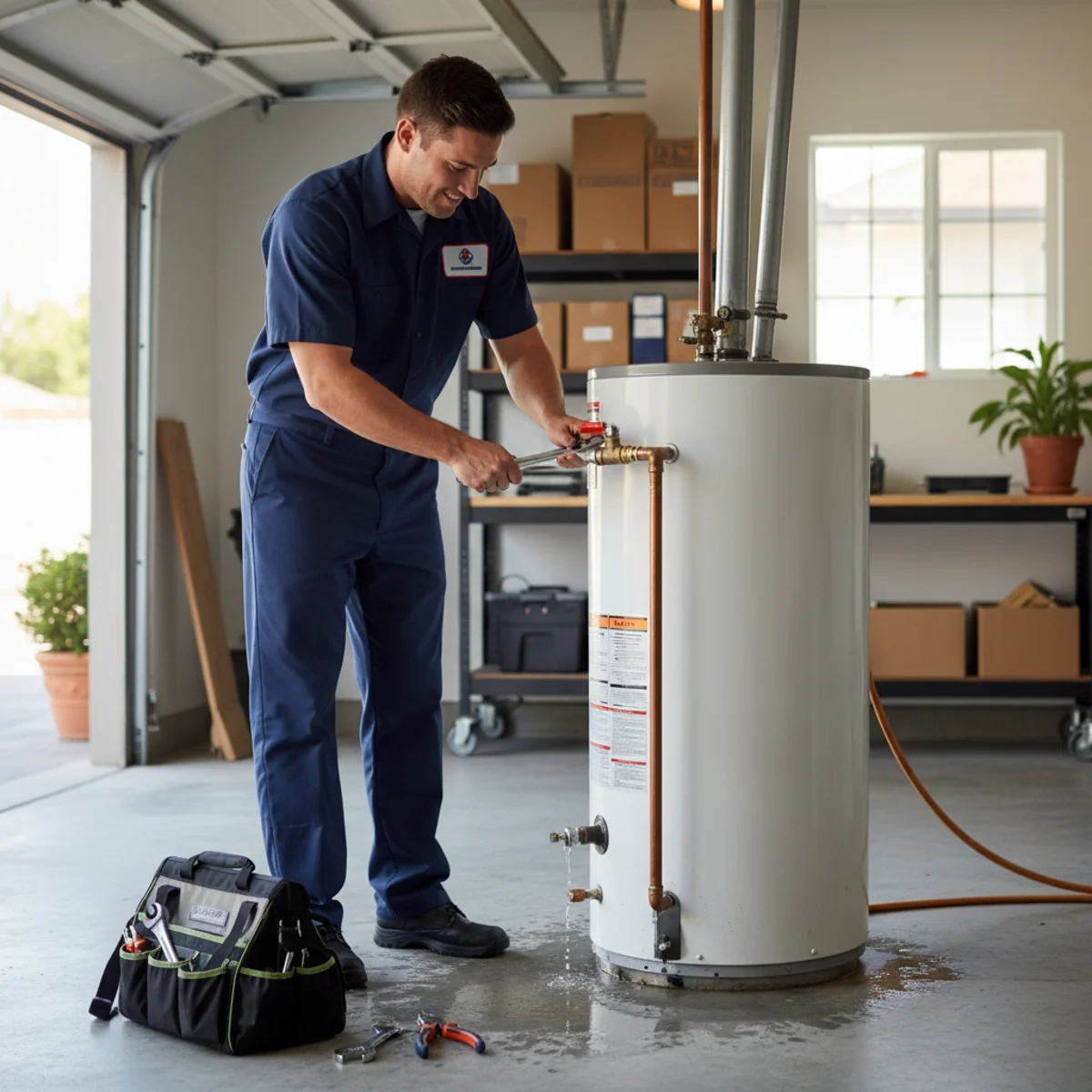 Plumber responding to a leaking water heater in Hemet