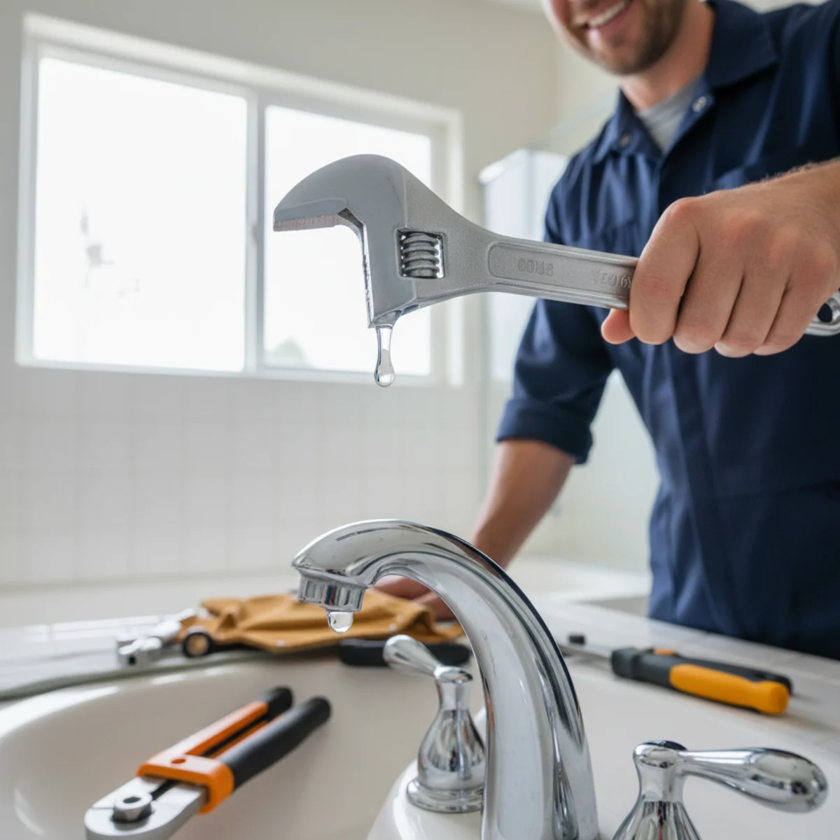 Close-up of a dripping faucet being repaired