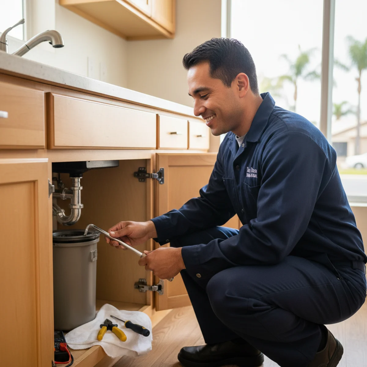 Plumber servicing an under-sink garbage disposal