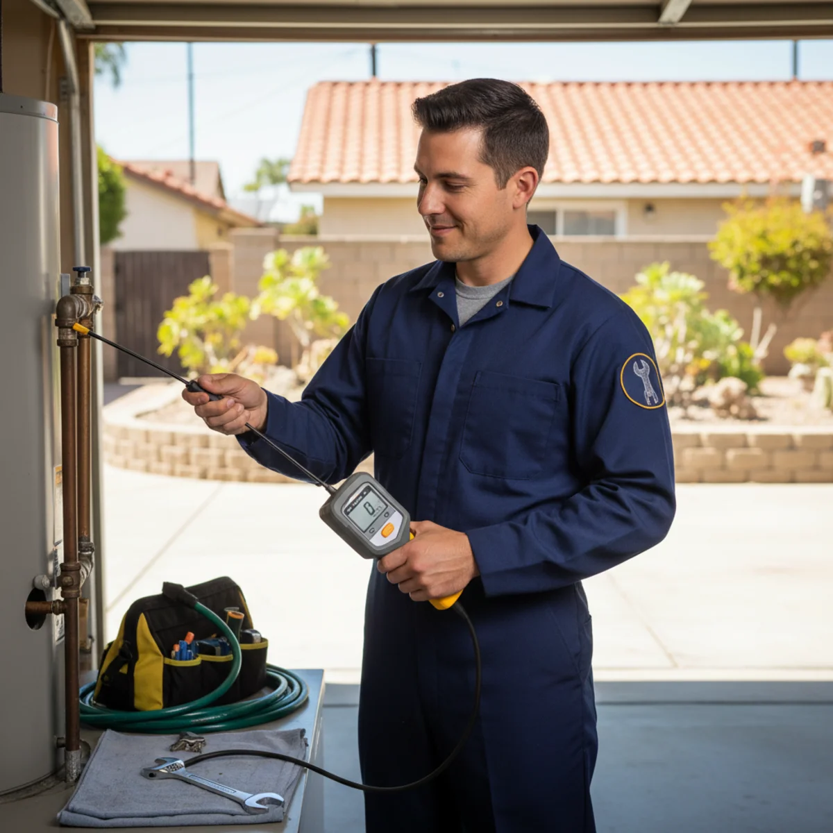 Plumber safely checking a gas connection in Hemet