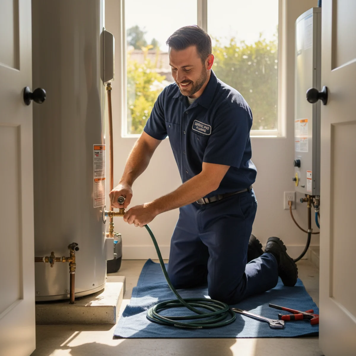Plumber flushing sediment from a water heater in Hemet