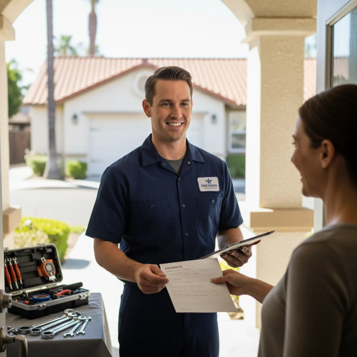Trustworthy plumber handing a written estimate to a Hemet homeowner