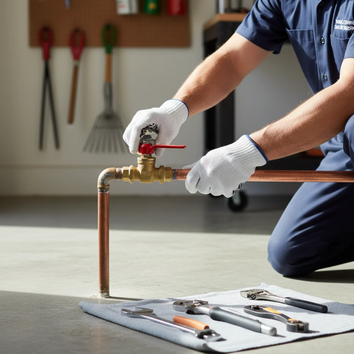 Hands turning a home’s main water shutoff valve