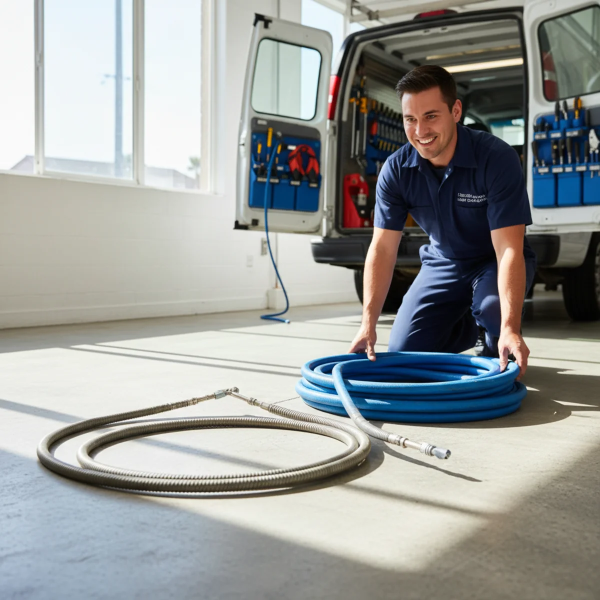 Drain snake and hydro jetting equipment side by side