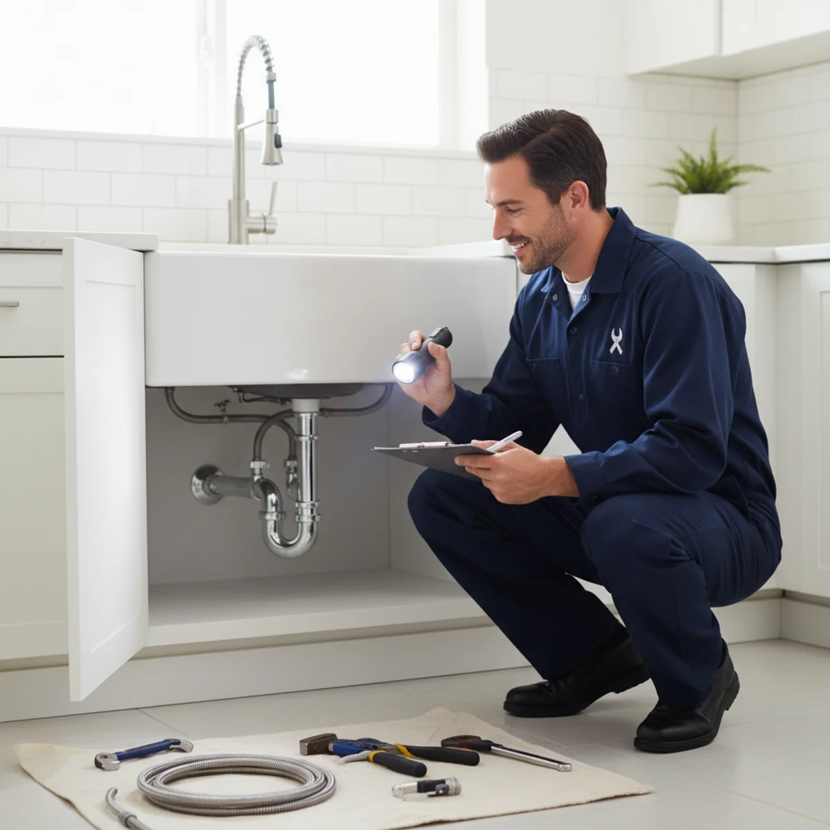 Plumber checking under a kitchen sink in Hemet