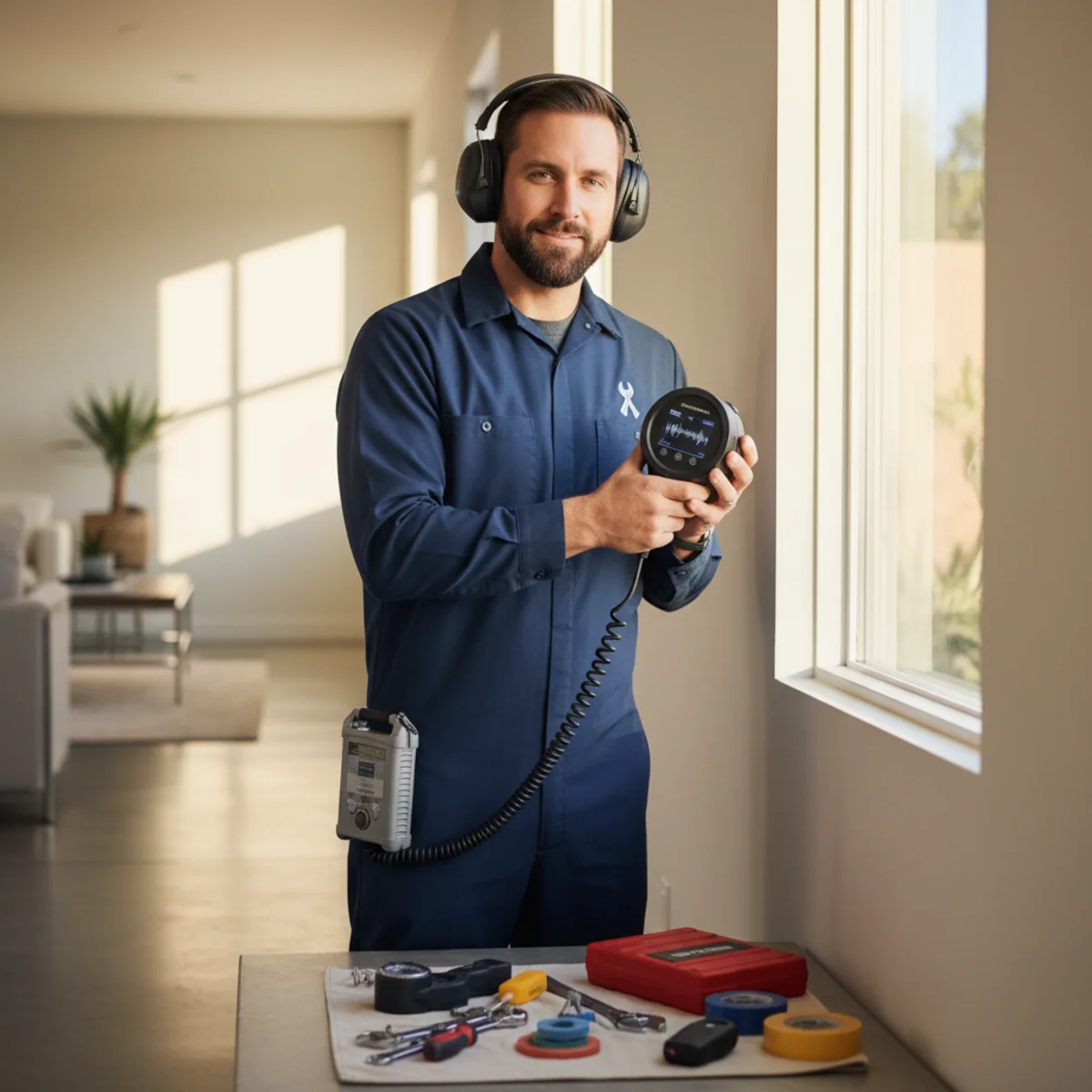 Plumber using leak detection equipment in a Hemet home