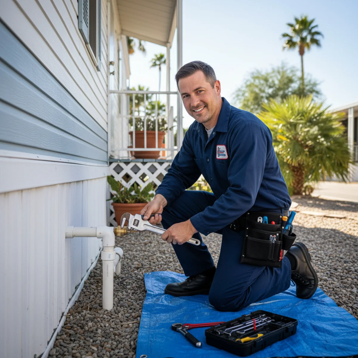 Plumber servicing plumbing at a Hemet manufactured home