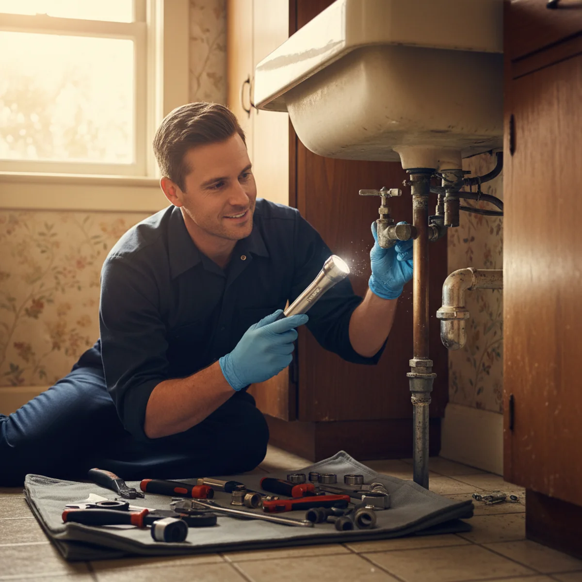 Plumber inspecting aging pipes in an older Hemet home
