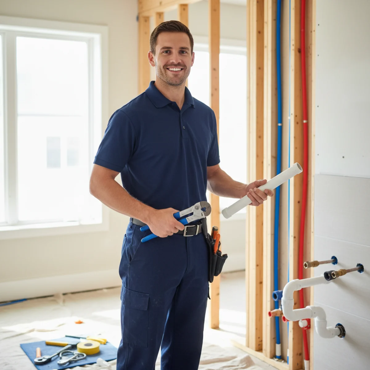 Plumber roughing in plumbing during a Hemet remodel