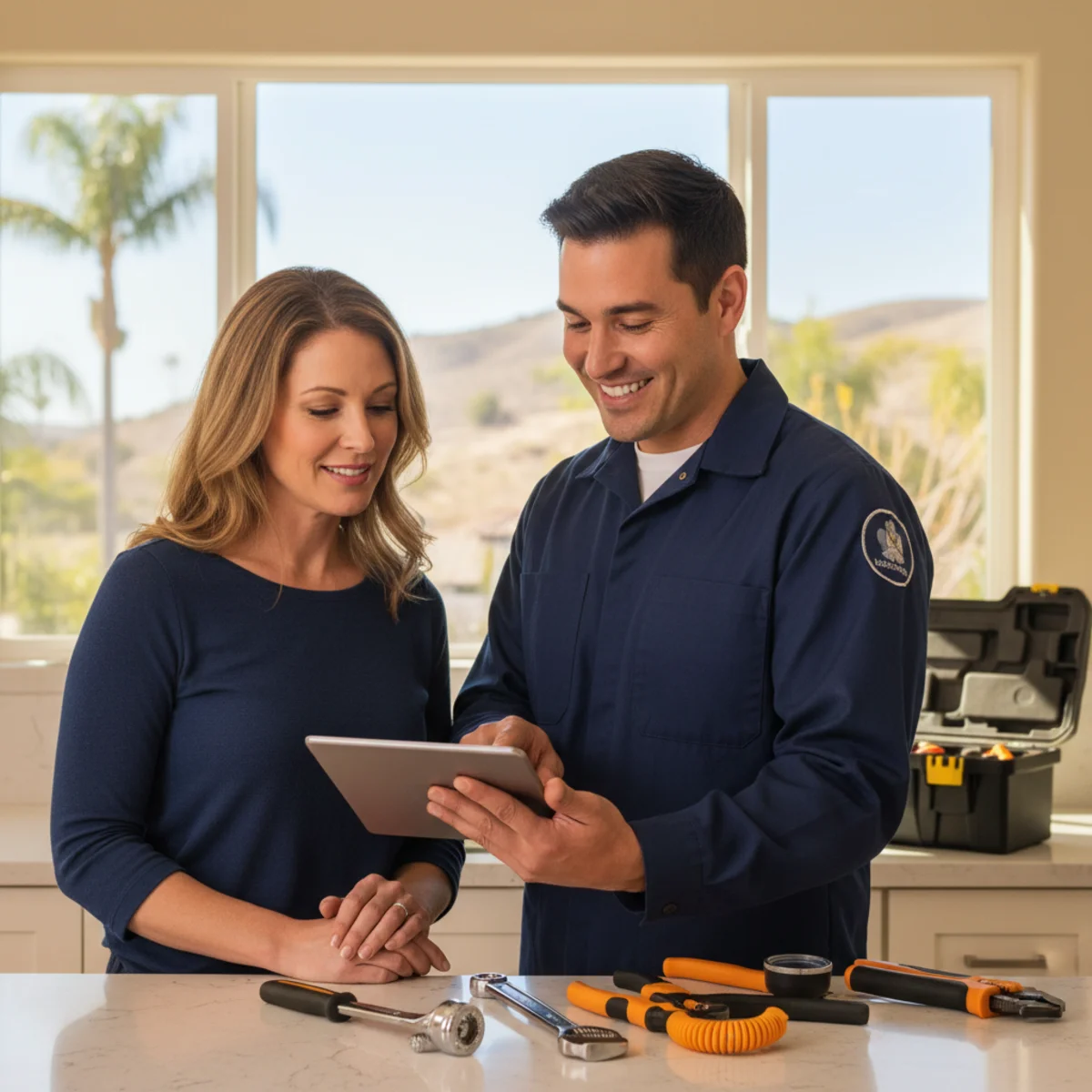 Plumber reviewing an upfront estimate with a Hemet homeowner