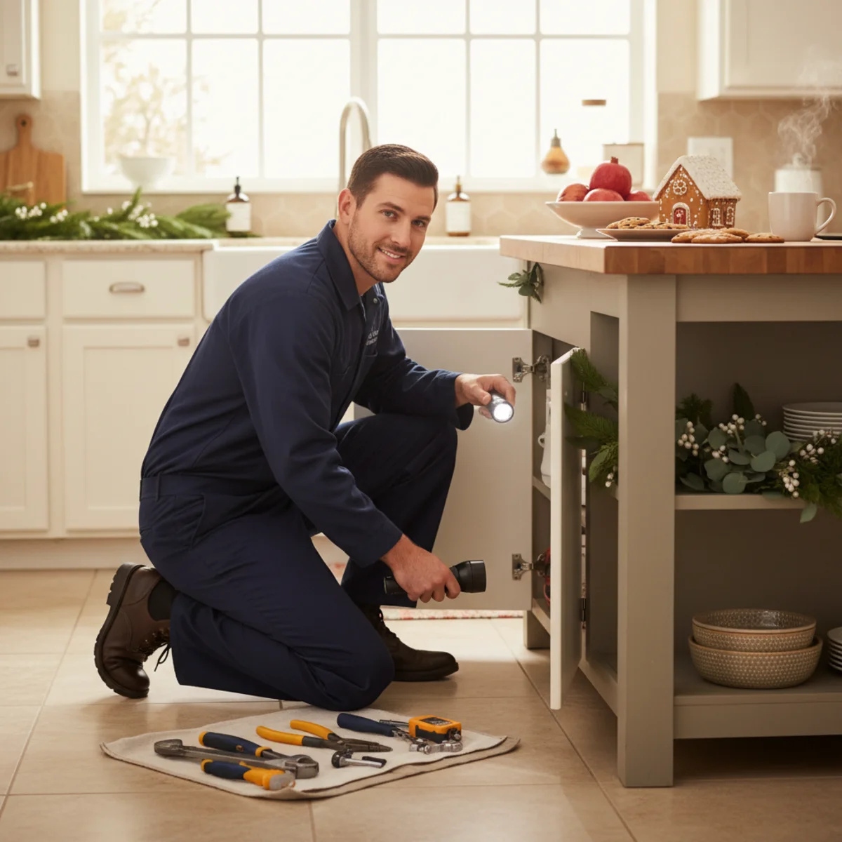 Plumber checking a kitchen sink before the holidays in Hemet
