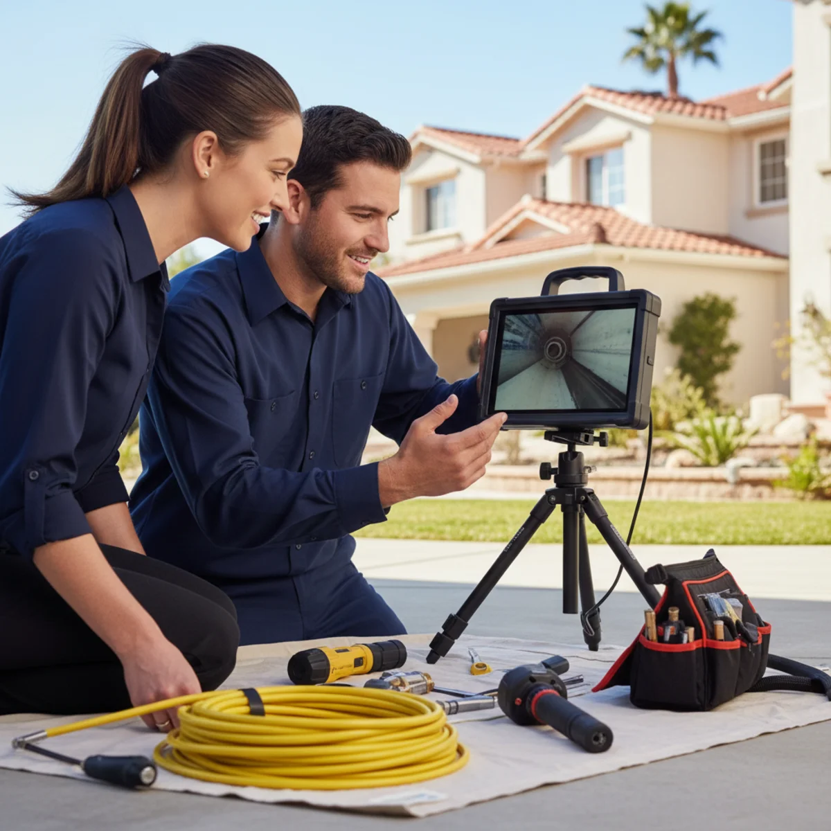 Plumber and homeowner viewing a sewer camera monitor