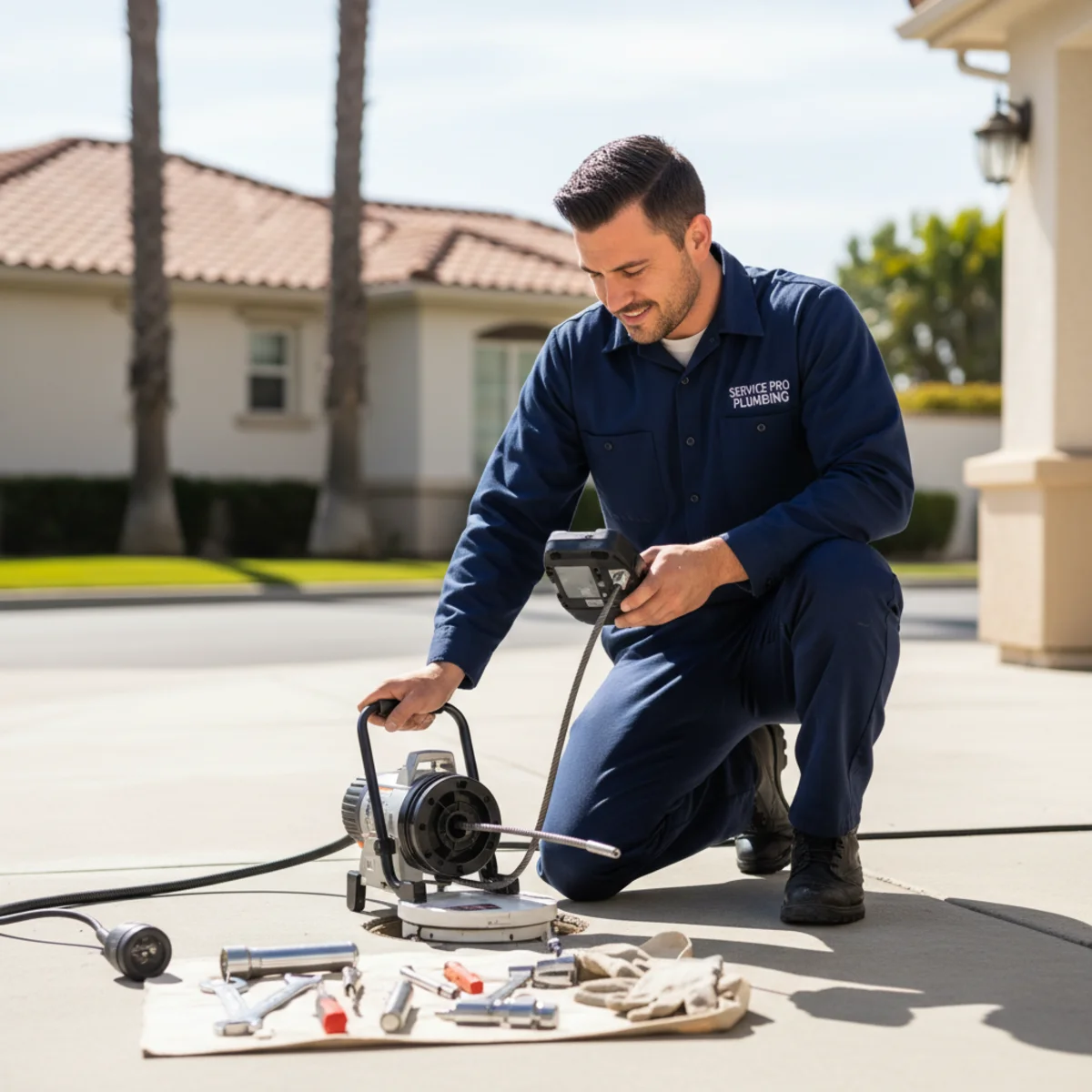 Plumber at a main sewer cleanout in Hemet