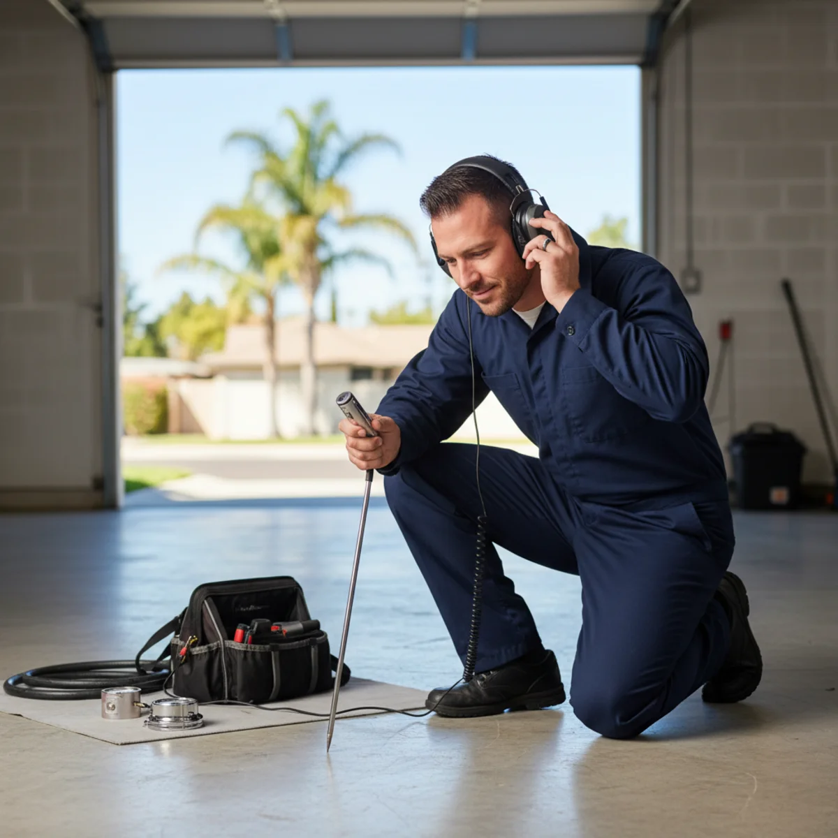 Plumber checking for a slab leak on a concrete floor in Hemet