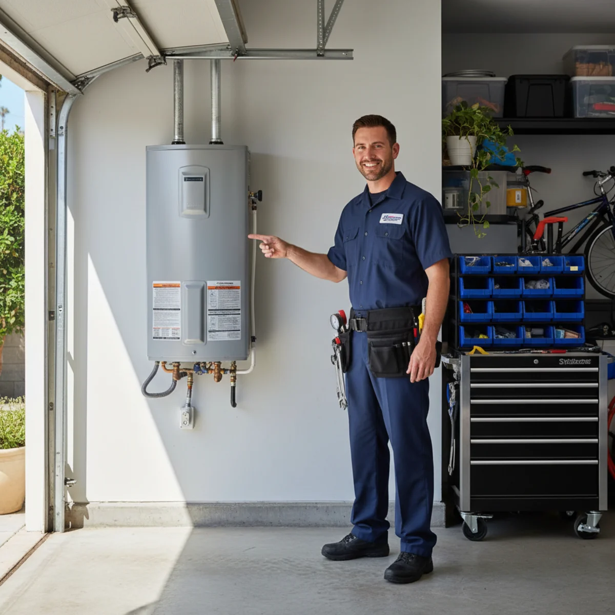 Wall-mounted tankless water heater in a clean Hemet garage