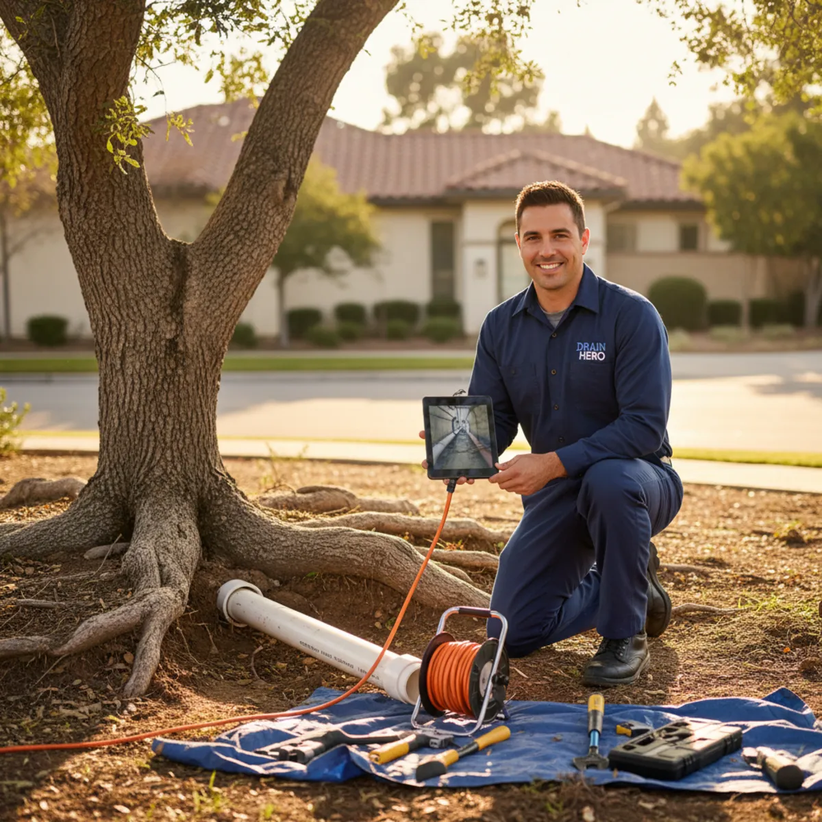 Plumber inspecting a sewer line near a tree in Hemet