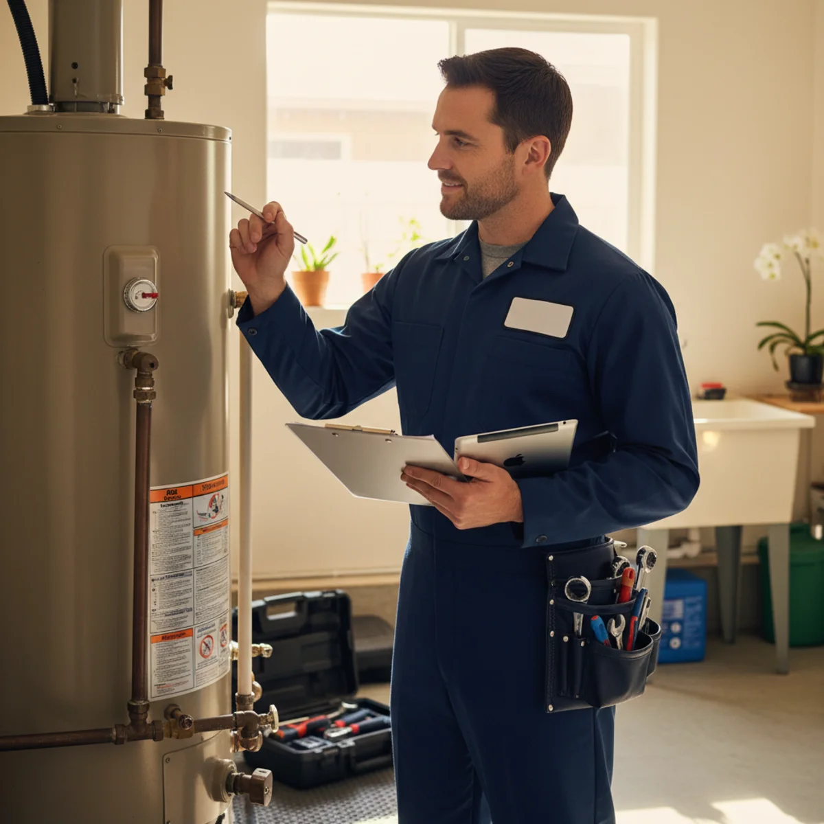 Plumber evaluating whether to repair or replace a water heater