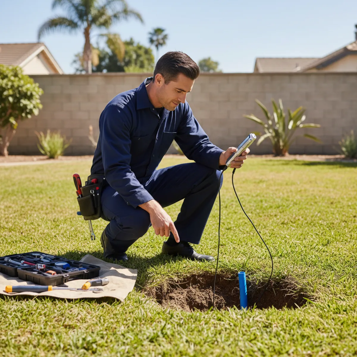 Plumber inspecting a wet spot in a yard near the water line