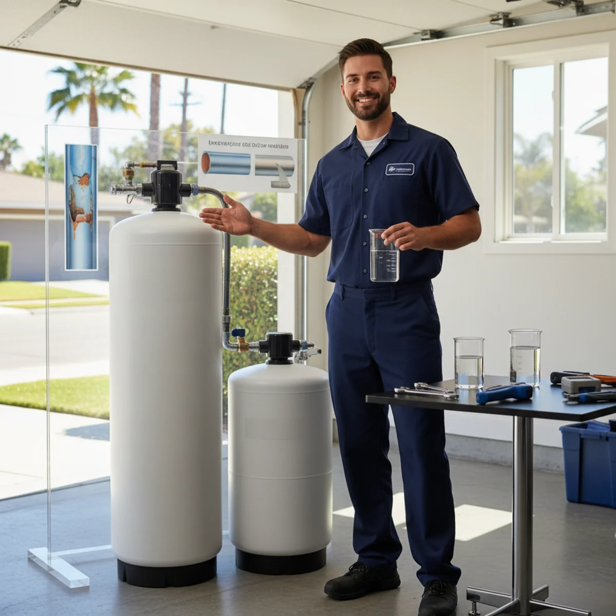 Water softener system installed in a Hemet garage