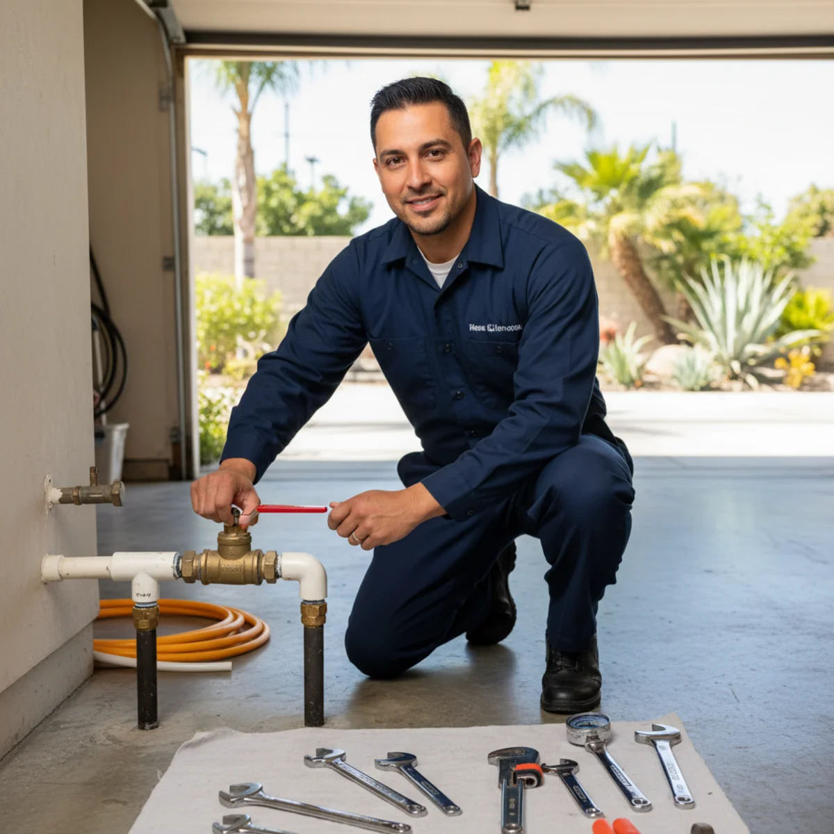 Homeowner turning off the main water valve before the plumber arrives