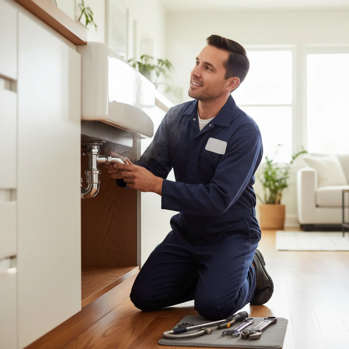 Plumber inspecting a sink P-trap for odor causes