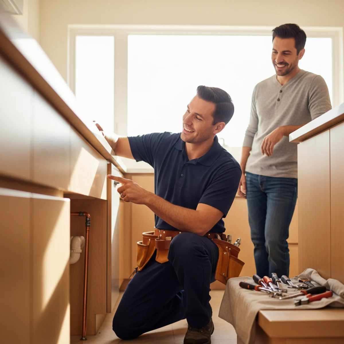 Friendly Hemet plumber explaining a repair to a happy homeowner