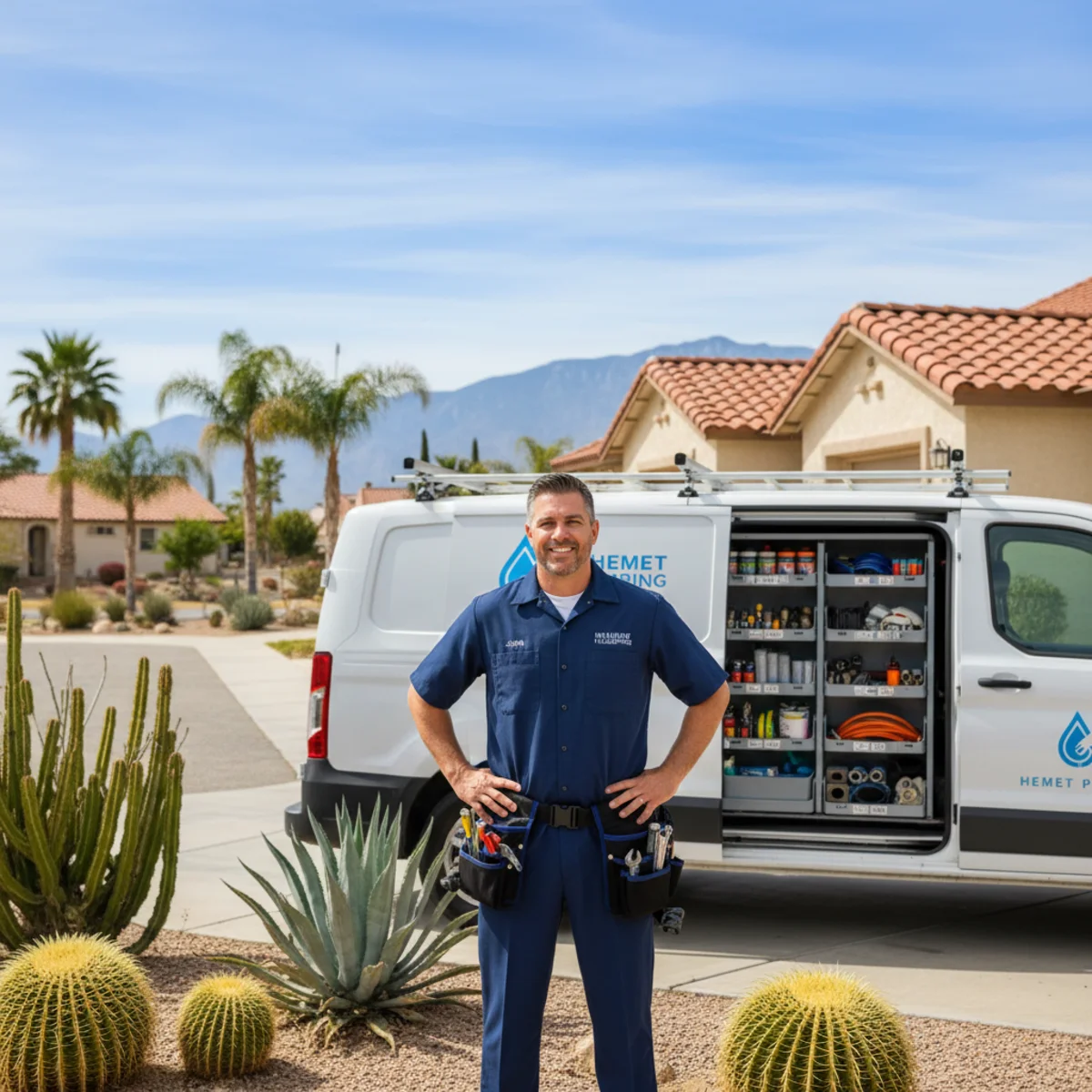 Friendly licensed Hemet plumber beside a service van outside a sunny home