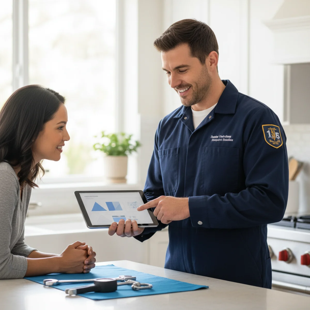 Plumber reviewing an upfront estimate with a Hemet homeowner