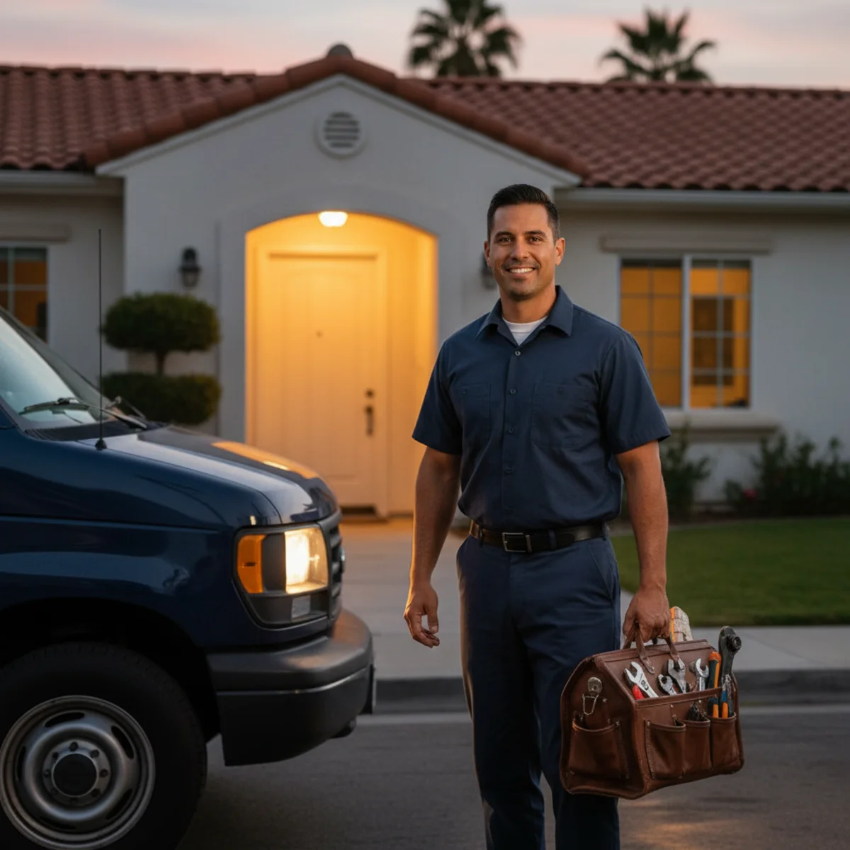 Hemet 24 hour plumber arriving at a home in the evening