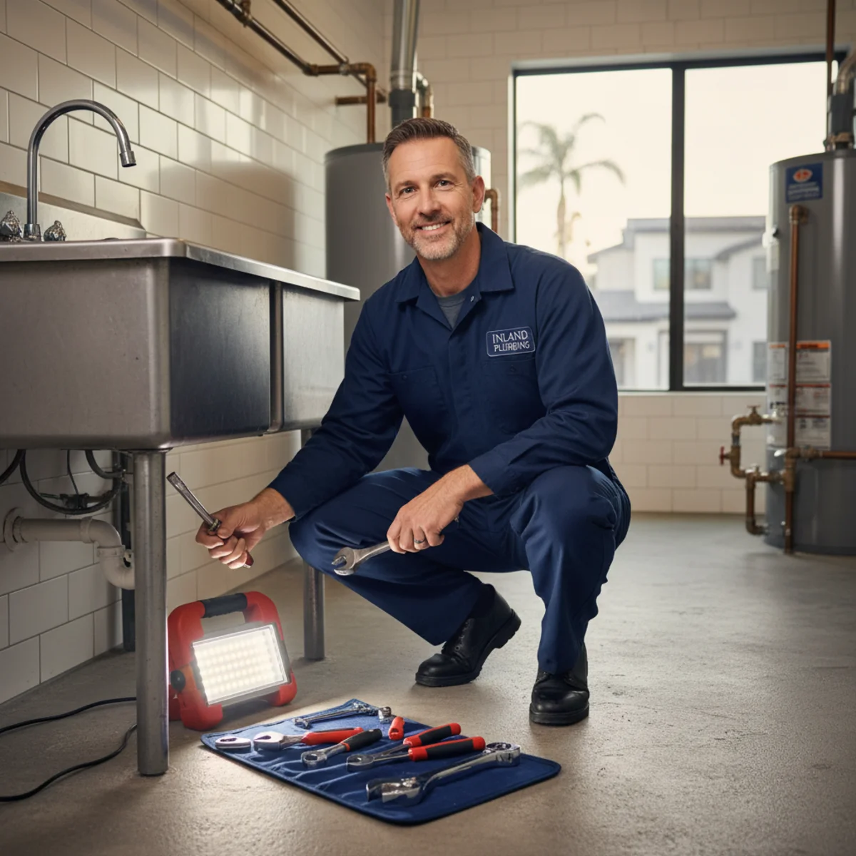 After hours plumber working under a clean work light in Hemet