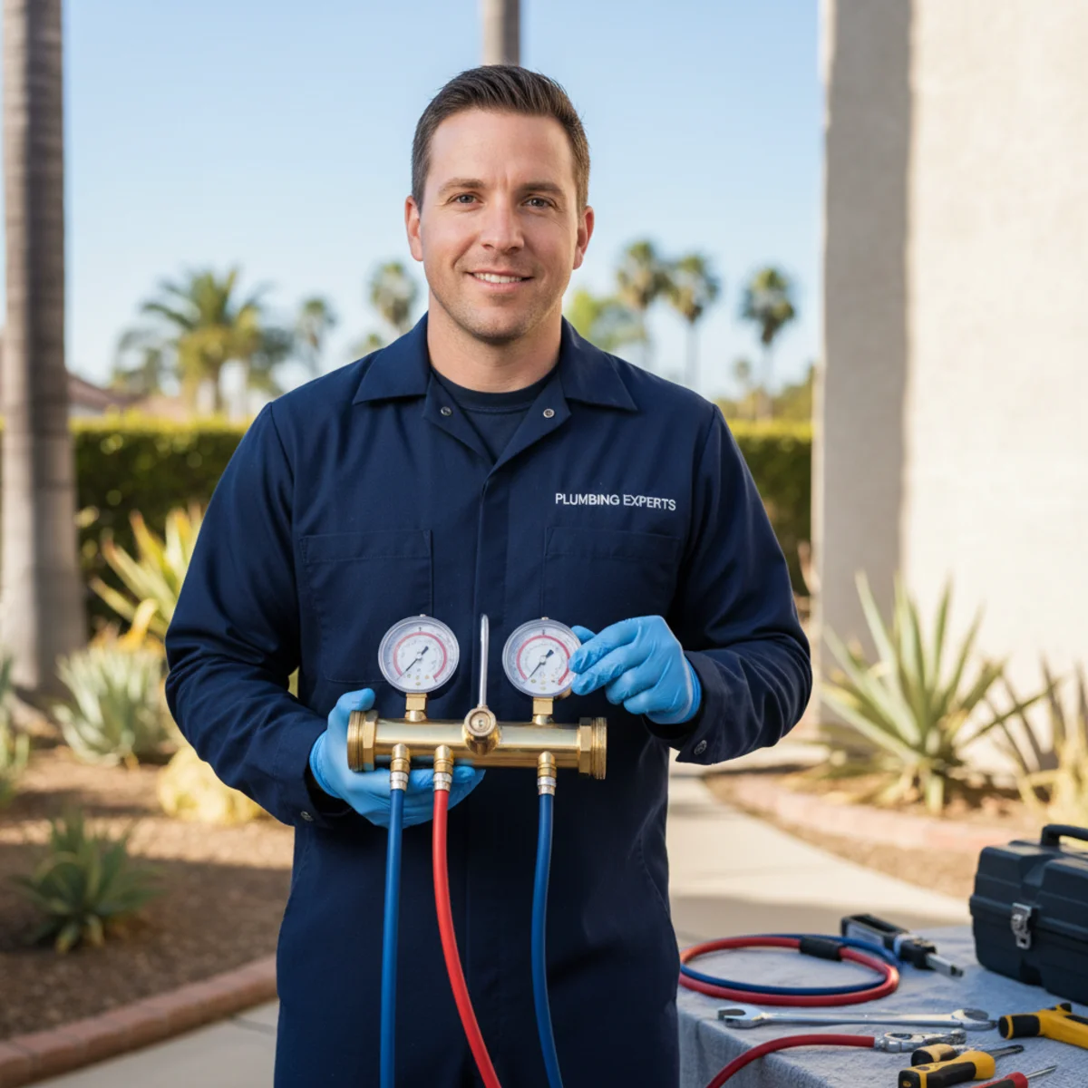 Hemet plumber testing a backflow preventer assembly