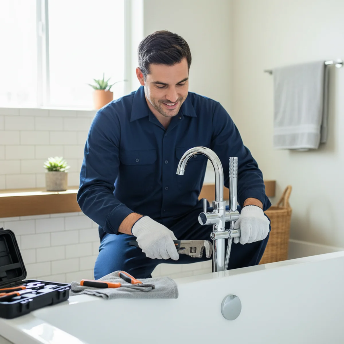 Hemet plumber working on a bathtub faucet and drain