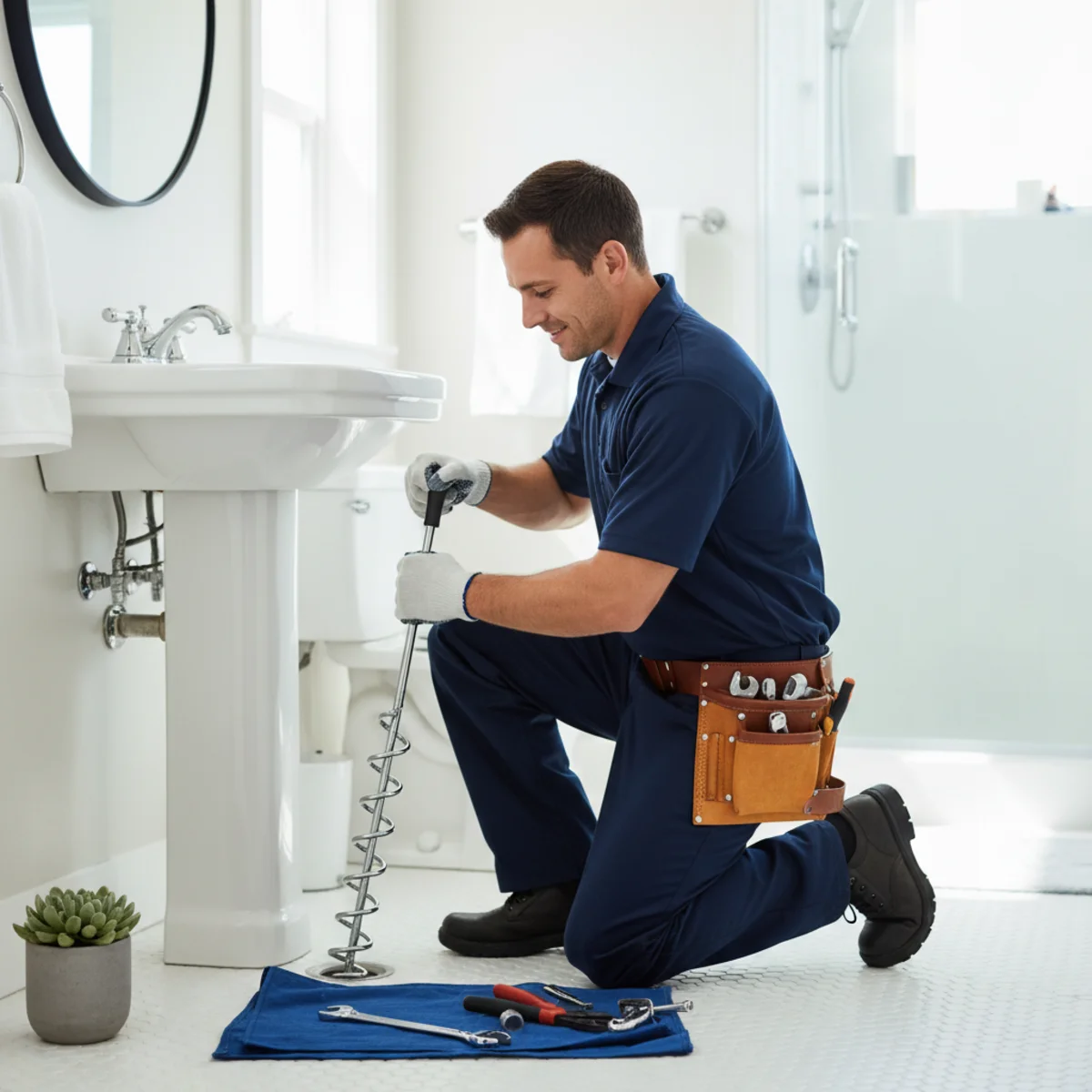 Hemet plumber clearing a clogged bathroom drain