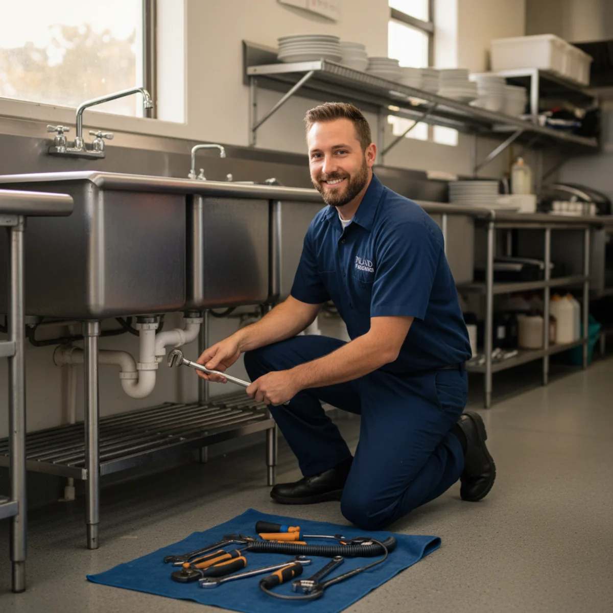Hemet plumber servicing commercial plumbing in a business