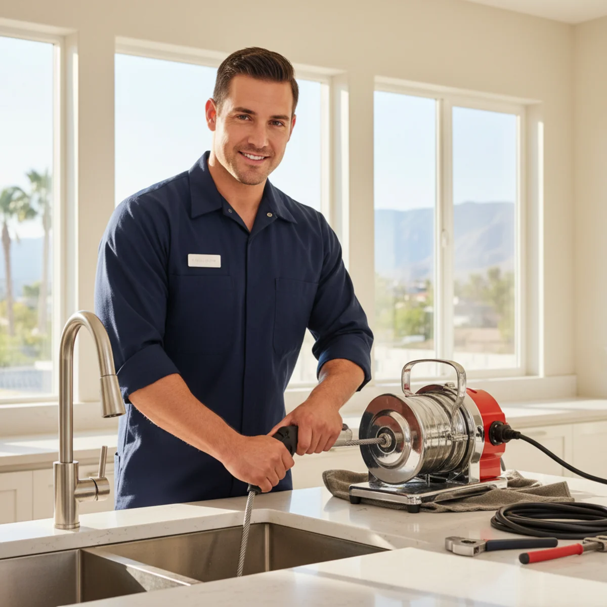 Hemet plumber cleaning a drain at a kitchen sink