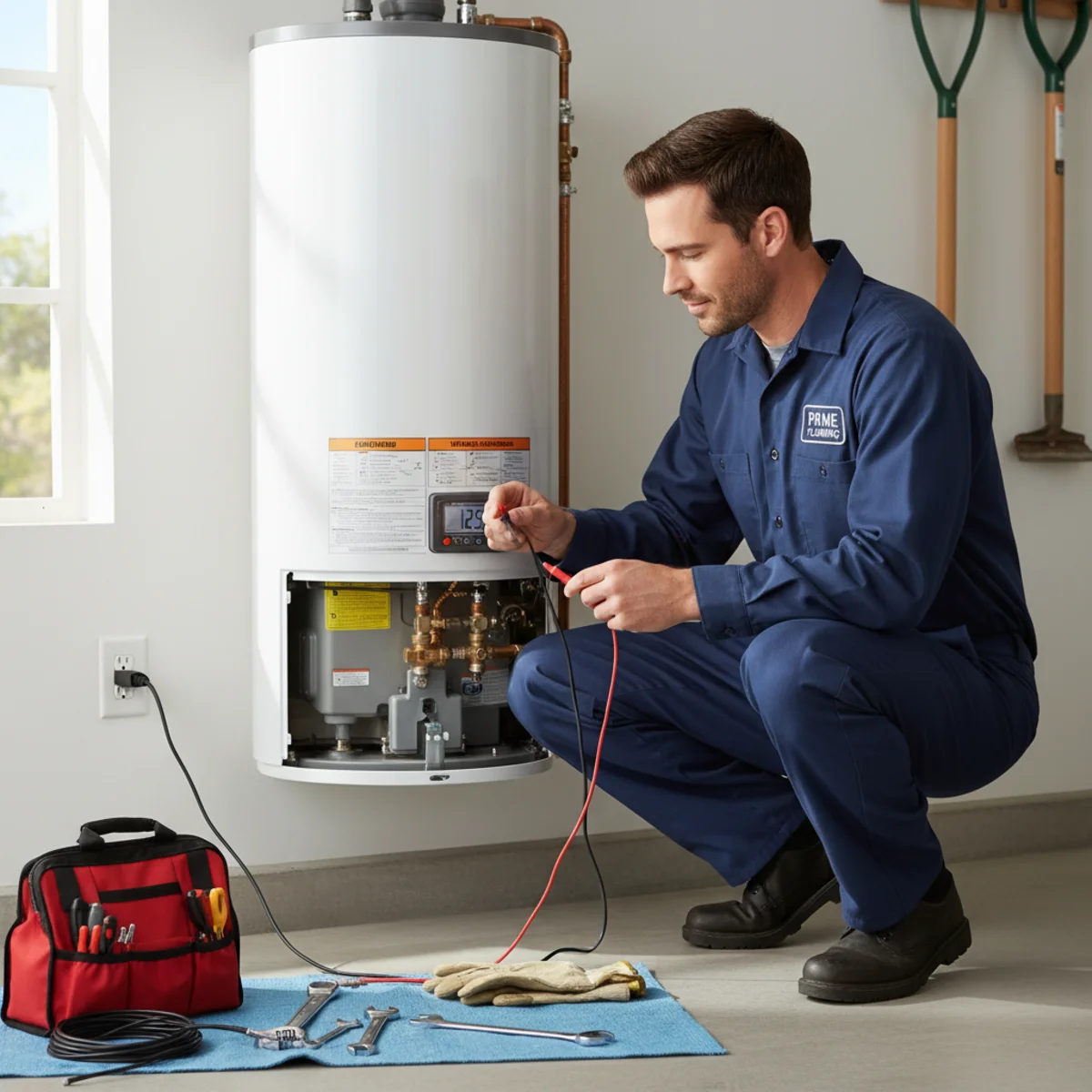 Hemet plumber testing an electric water heater element