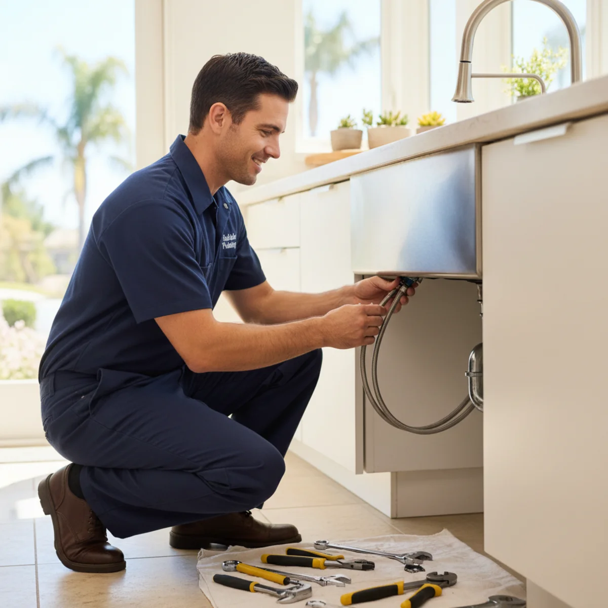 Hemet plumber installing a new faucet under a sink