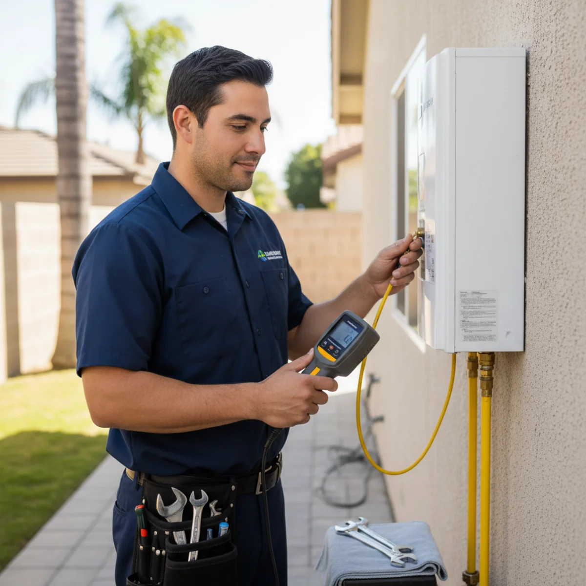 Hemet plumber checking a gas connection with a detector