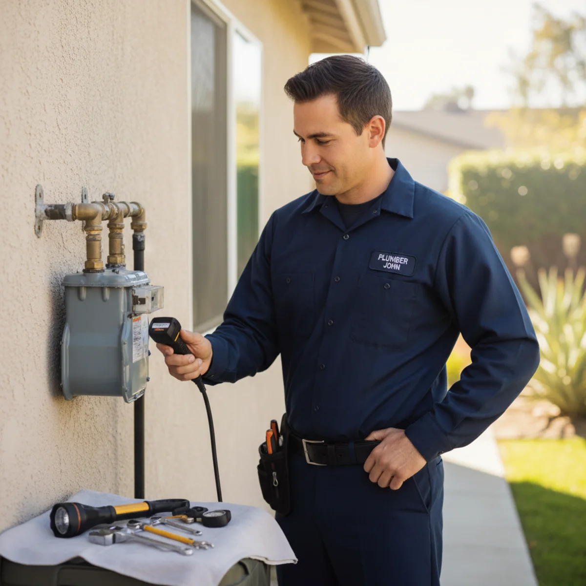 Licensed Hemet plumber safely repairing a gas line connection
