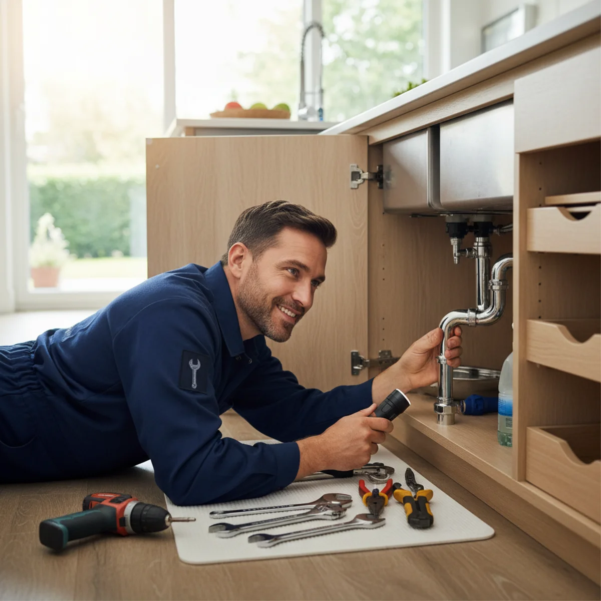 Hemet plumber working under a modern kitchen sink