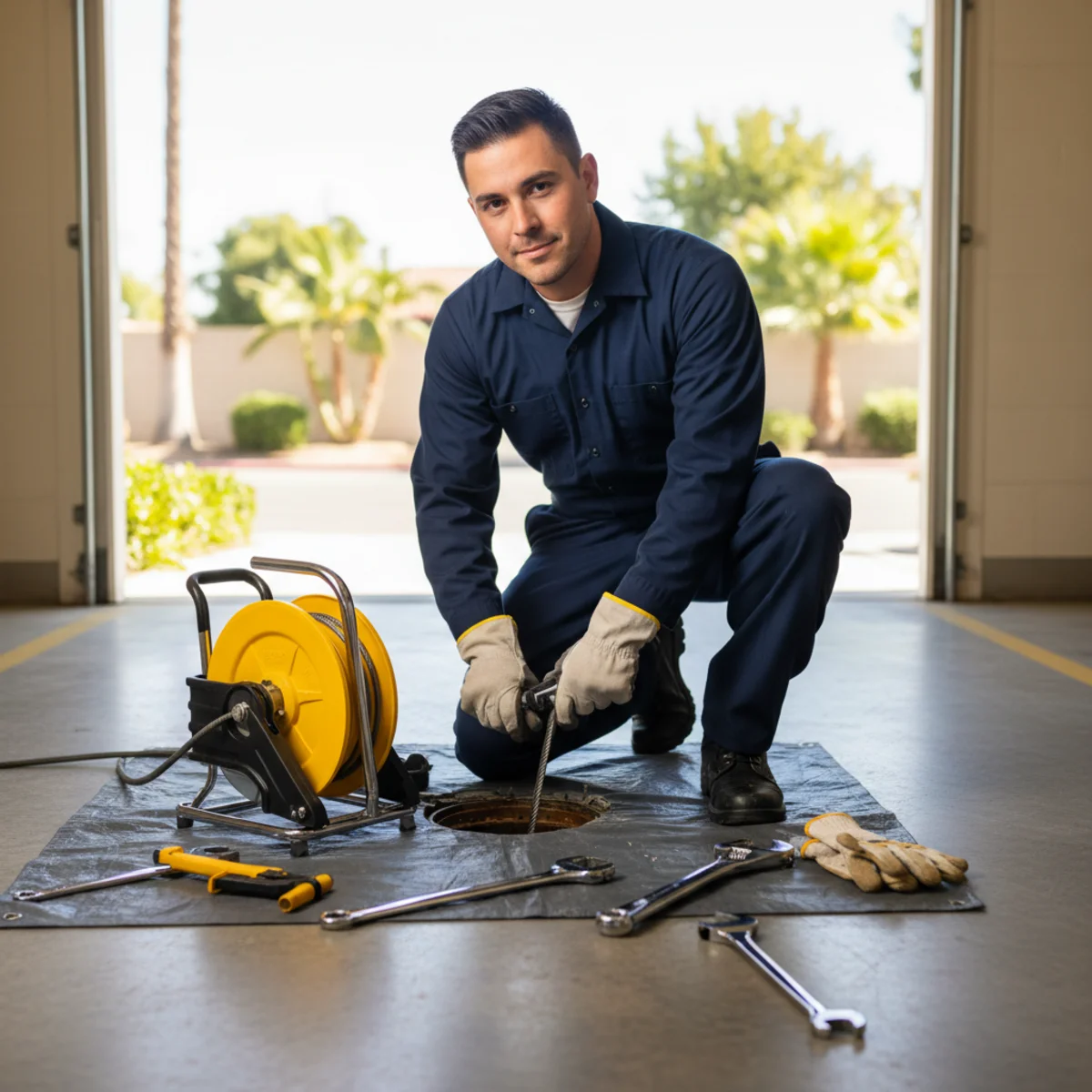 Hemet plumber clearing a main drain at a cleanout
