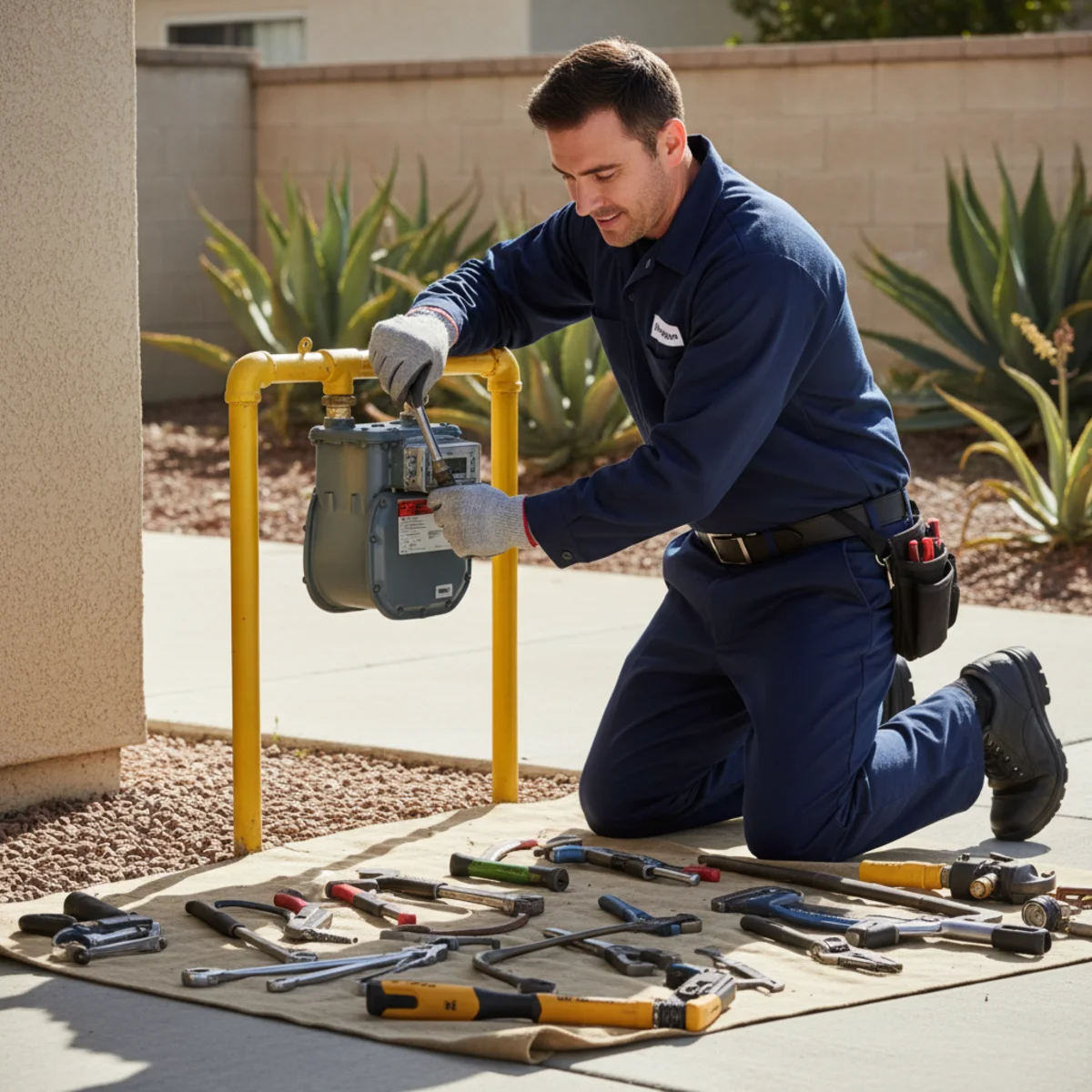 Licensed natural gas plumber working at a Hemet gas meter