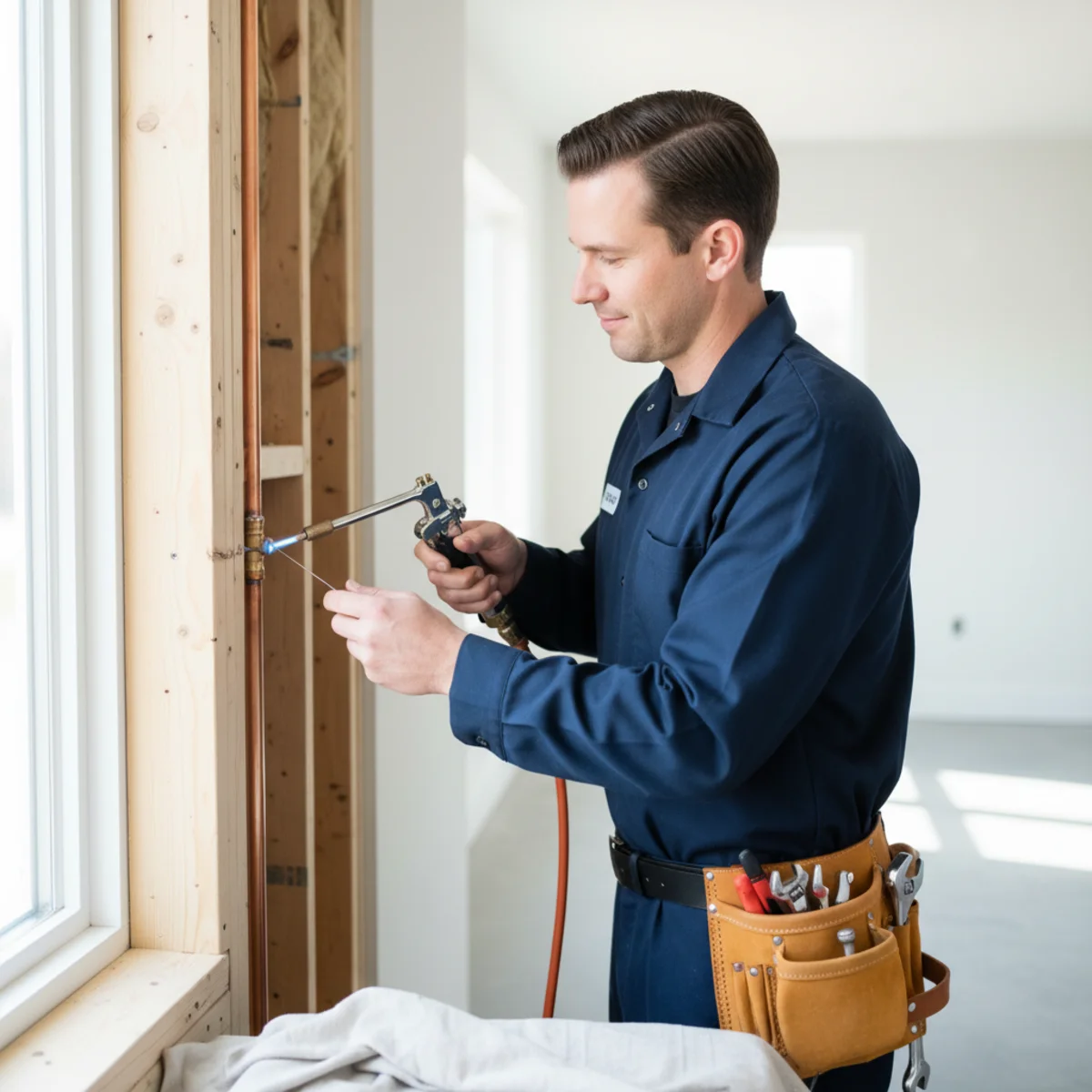 Hemet plumber repairing a copper pipe in a wall cavity