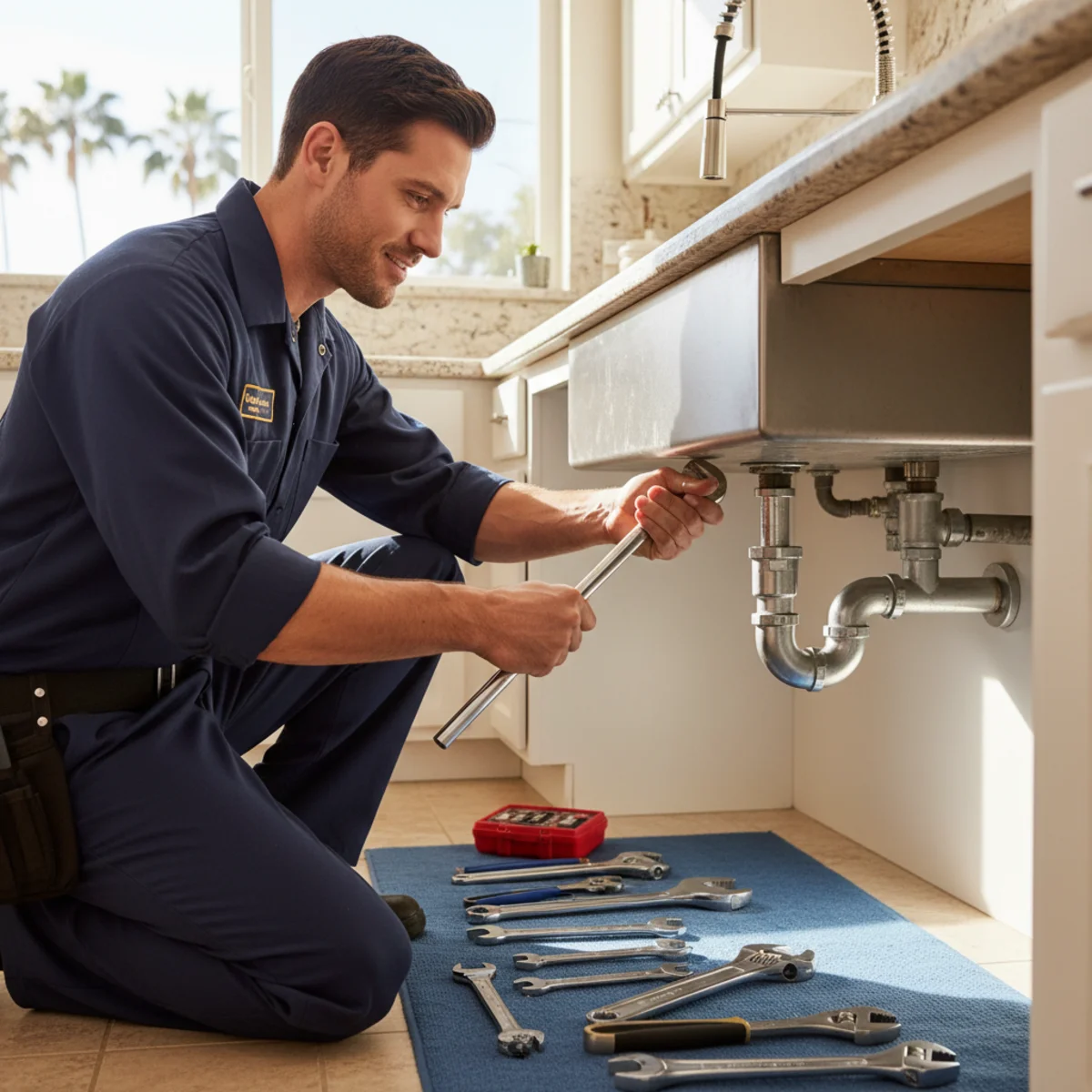 Hemet plumber repairing pipes under a kitchen sink