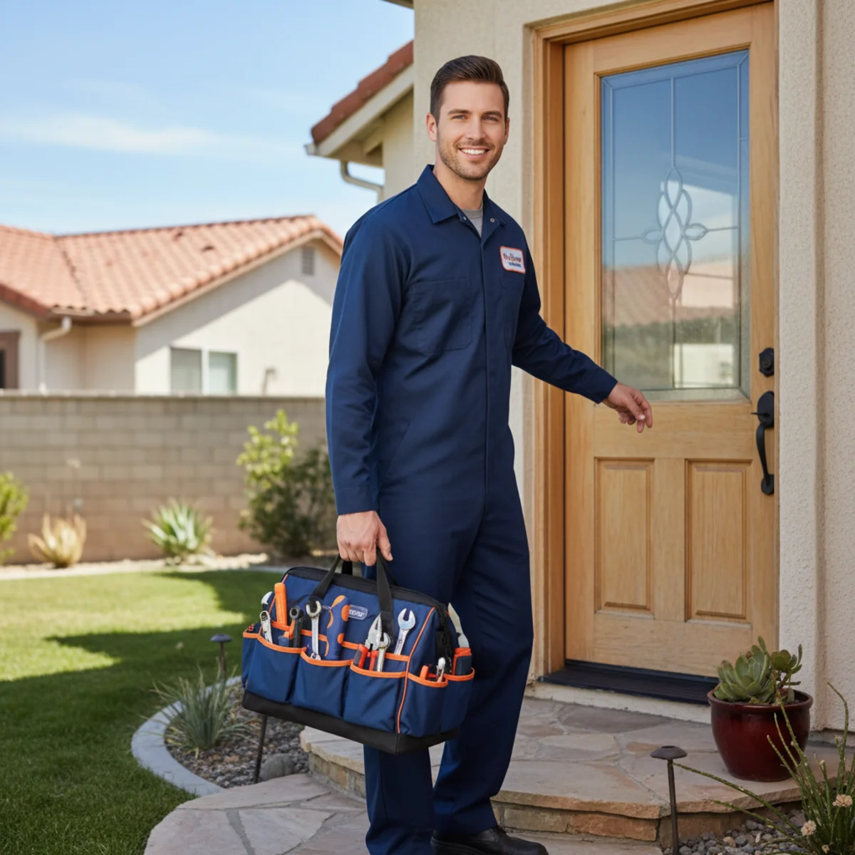 Same day plumber arriving at a sunny Hemet home with tools