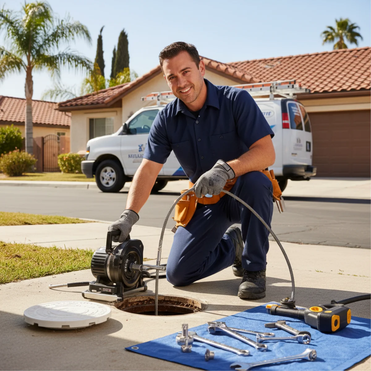 Hemet plumber cleaning a sewer line at an exterior cleanout